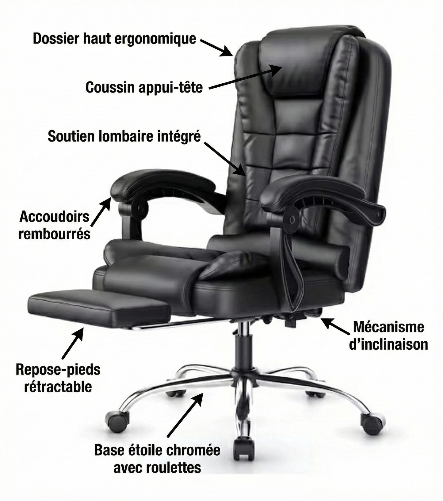 Fauteuil de bureau ergonomique en cuir PU avec repose pied