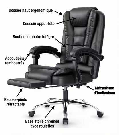 Fauteuil de bureau ergonomique en cuir PU avec repose pied